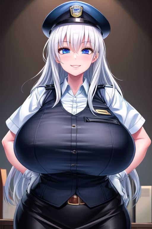 masterpiece, best quality,solo,1girl, looking at viewer, arms behind back,gigantic_breasts ,vest, long hair, blue eyes,white hair, messy hair, hat,  black skirt,police uniform,short sleeves,office room,smile,black gloves