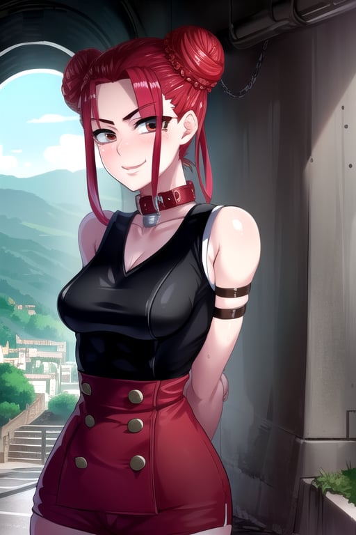 masterpiece, best quality, (solo:1.1), 1girl ,looking at viewer,in red and black style,( arms behind back :1.3),mesugaki, sleeveless dress, high - waist shorts, double bun, collar, arm strap, smile,scenery,  tunnel background