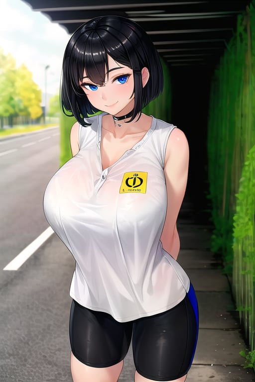 masterpiece, best quality, solo, 1girl, (arms behind back:1.1),tunnel,looking at viewer,smile,gigantic_breast, blue eyes, black hair,short_hair, white shirt, black bike_shorts,collarbone