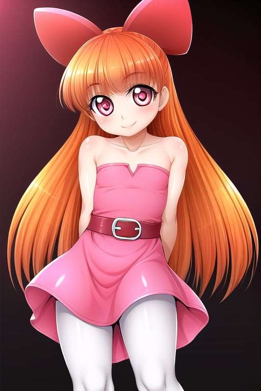 masterpiece, best quality,solo,1girl, looking at viewer, (arms behind back:1.3),(blossom),loli,little girl,pink dress,white stockings,smile,long_hair,black belt,sleeveless,orange_hair,flat_chest,pink eyes,collarbones,blunt_bangs,red bow on head,curvy,straight hair, strapless