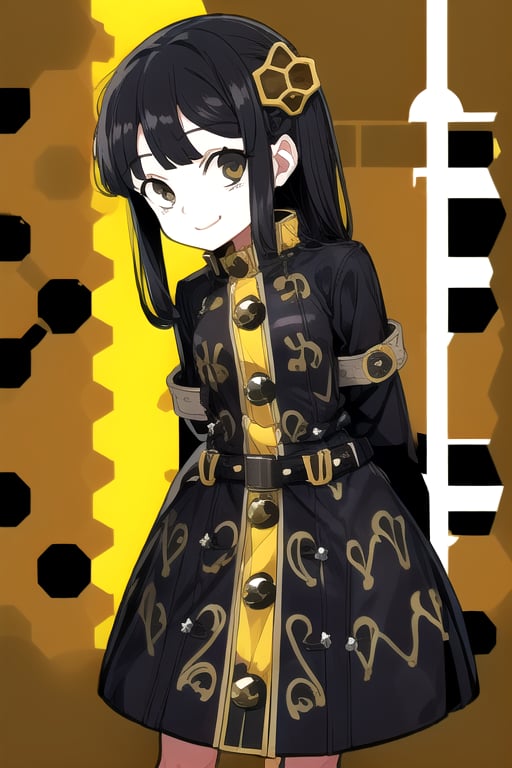 masterpiece, best quality, (solo:1.3), 1girl ,in yellow and black style,dusk,( arms behind back , :1.3),(loli:1.3),train station,black hair, long hair,(honeycomb pattern oversized coat:1.0),open coat ,belt,smile,factory background