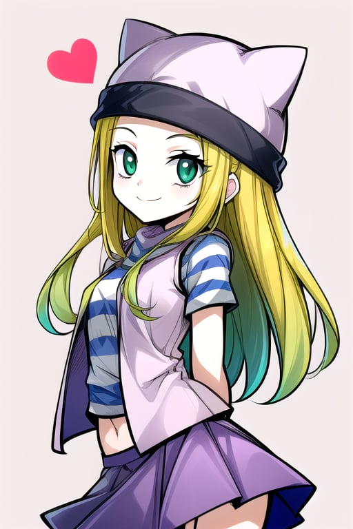 masterpiece, best quality, (solo:1.3), 1girl, loli, arms behind back,looking_at_viewer,OrimotoIzumi,  purple vest,horizontal striped shirt, beanie, cat hat, green eyes, purple  skirt,smile, blonde,