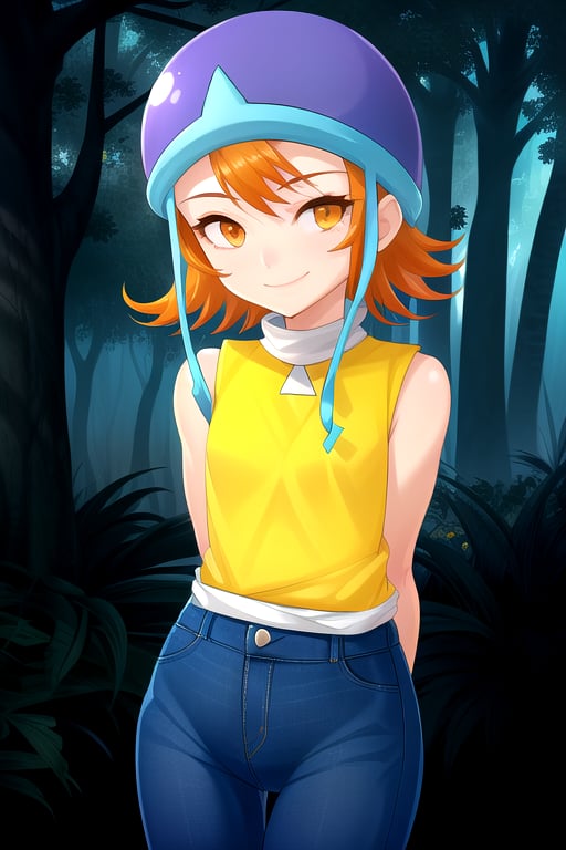 masterpiece, best quality, (solo:1.3), 1girl , arms behind back,looking_at_viewer, orange_hair, smile,SoraDef, orange eyes, sleeveless, shirt, jeans, helmet, short hair,yellow shirt,loli,blue forest background,