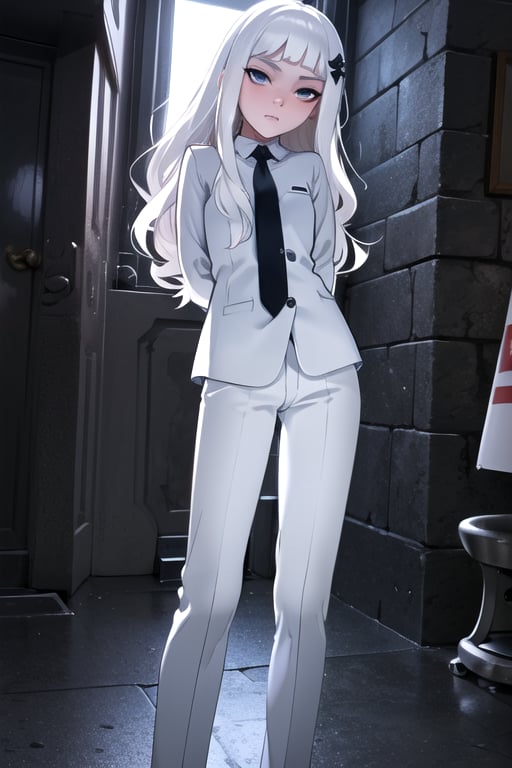 masterpiece, best quality, (solo:1.1), 1girl ,looking at viewer,( arms behind back :1.3),loli,stairs, scenery, white hair,leds  underworld, back suit,ribbon on body, long wavy hair, necktie,long pants, hair ornament, long sleeves,raining