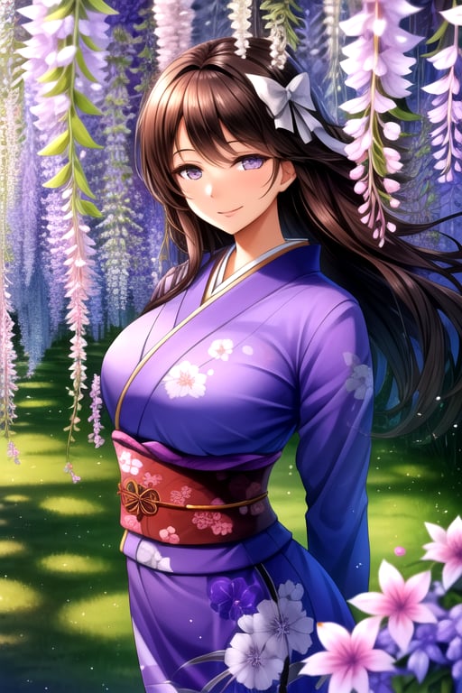 masterpiece, best quality, (solo:1.1), 1girl , arms behind back,looking_at_viewer,japan_dress,brown hair,white bows,wisteria forest background,symmetrical,in purple and black style,obi,smile,curvy,long_sleeves,long hair