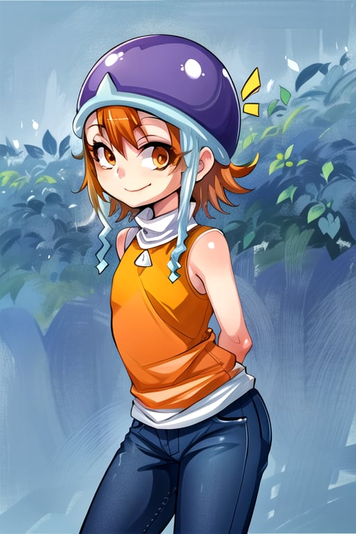 masterpiece, best quality, (solo:1.3), 1girl , arms behind back,looking_at_viewer, orange_hair, smile,SoraDef, orange eyes, sleeveless, shirt, jeans, helmet, short hair,yellow shirt,loli,blue forest background,