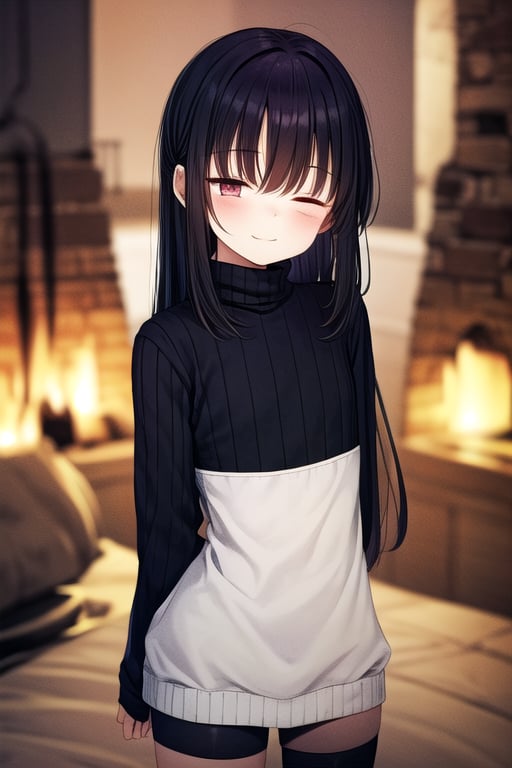 masterpiece, best quality, solo, 1girl, (arms behind back:1.1),loli,dark tunnel,looking at viewer,long_hair,  black_hair, closed_eyes,green sweater,smile,  sleeves_past_wrists,  turtleneck, closed_mouth, bangs, flat_chest,long_sleeves,black legswear,oversized_clothing,little girl,