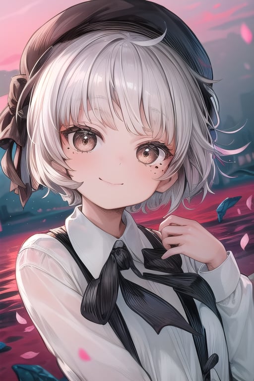 masterpiece, best quality,solo,1girl, looking at viewer, arms behind back , loli,suspender_skirt,  brown_eyes,  long_sleeves, dusk park background, collared_shirt,  black_ribbon, bow, mole_under_eye, beret,gray hair,white hair flower