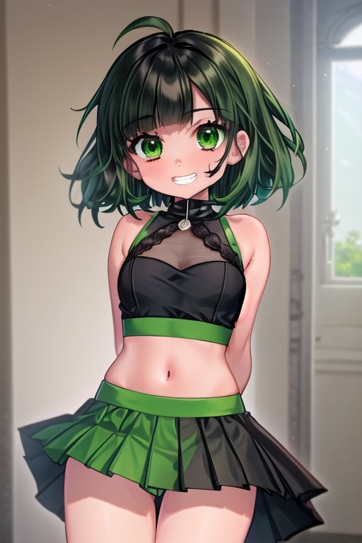 masterpiece, best quality,solo,1girl, looking at viewer, arms behind back,(buttercup),loli,green and black style,green skirt,bare_legs,green bodysuit,black_hair,bare_shoulders,green eyes,grin,messy hair,black waistband,short_hair,colored inner hair, mesugaki, 