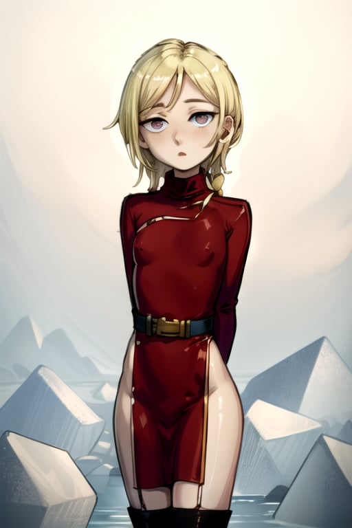 masterpiece, best quality, (solo:1.3),small_breast, in ice of cube ,arms behind back,blonde,black_eyes, looking_at_viewer, half-closed_eyes,curvy,blue turtleneck dress,belt,long_sleeves,belt,red_eye,stockings