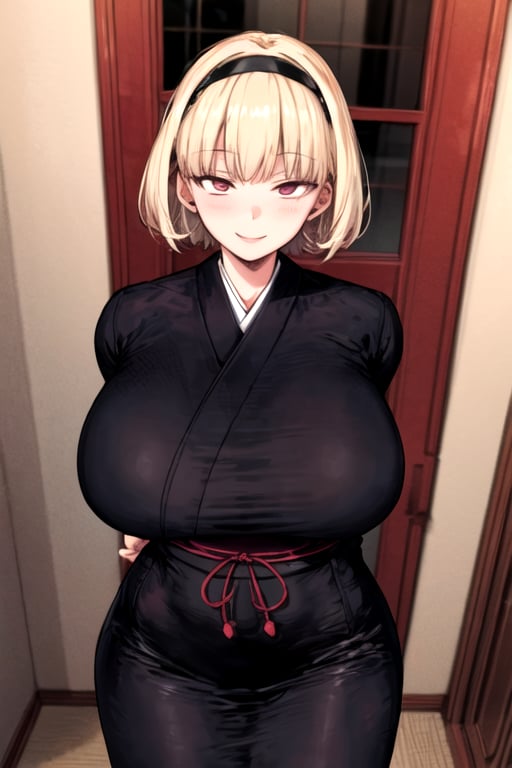 masterpiece, best quality, (solo:1.3),1girl,flowers on the other side,hairband,black japan dress,obi, tomboy,,arms_behind_back,,black_hair,looking_at_viewer,gigantic_breast,seductive smile, long_sleeves,blonde,oversized_clothes