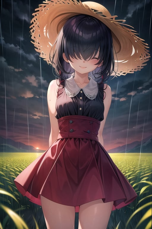 masterpiece, best quality, solo, 1girl,arms behind back,loli,rain, small_breast, smile,(dusk:1.3), Beside the rice fields,black_hair red dress,straw hat,(no eyes:1.2), wet_clothes