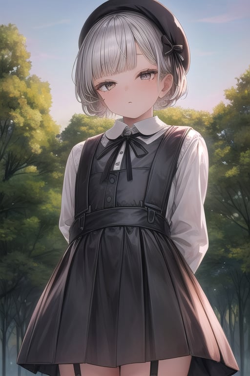 masterpiece, best quality,solo,1girl, looking at viewer, arms behind back , loli,suspender_skirt,  brown_eyes,  long_sleeves, dusk park background, collared_shirt,  black_ribbon, bow, mole_under_eye, beret,gray hair,white hair flower