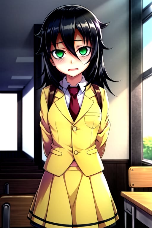 masterpiece, best quality, (solo:1.3), 1girl , arms behind back,looking_at_viewer,long hair, black-hair,hair over in one eye,school uniform, classroom,bags under eyes, watamote,loli,necktie, yellow jacket,yellow skirt ,green-eyes,embarassed endured_face, ahegao, 