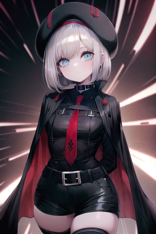 masterpiece, best quality, solo, 1girl, (arms behind back:1.1),dark tunnel,looking at viewer, vesti (nikke),red necktie, black shirt, black thighhighs, cape, long sleeves, beret, black shorts,tactics_belt