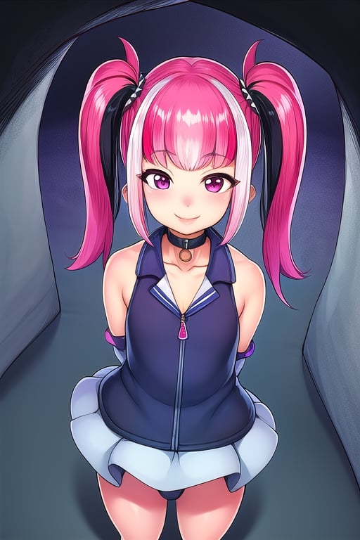 masterpiece, best quality,solo, cosplay, 1girl, black  hair,little girl,loli,mesugaki,looking at viewer,smile,in dark hole, arms behind back ,choker,off_shoulders,pink  streaked hair, twin_tails,collared_shirt,cropped_jacket,blue elbow_gloves,