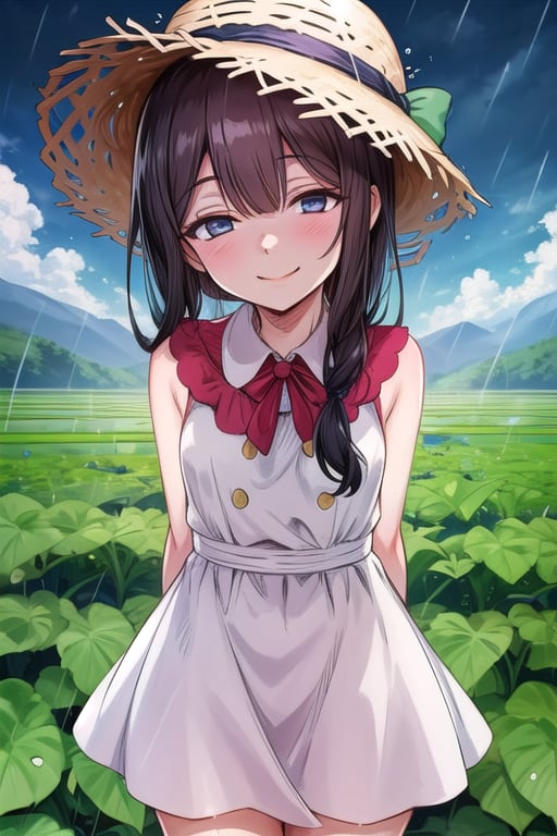 masterpiece, best quality, solo, 1girl,arms behind back,loli,rain, small_breast, smile,(dusk:1.3), Beside the rice fields,black_hair white dress,straw hat,(hat cover eyes:1.2)