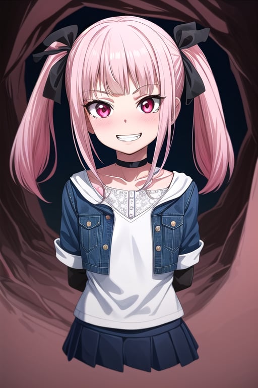 masterpiece, best quality,solo, cosplay, 1girl, black  hair,little girl,loli,mesugaki,looking at viewer,grin,in dark hole, arms behind back ,choker,off_shoulders,pink  streaked hair, twin_tails,collared_shirt,cropped_jacket,blue elbow_gloves