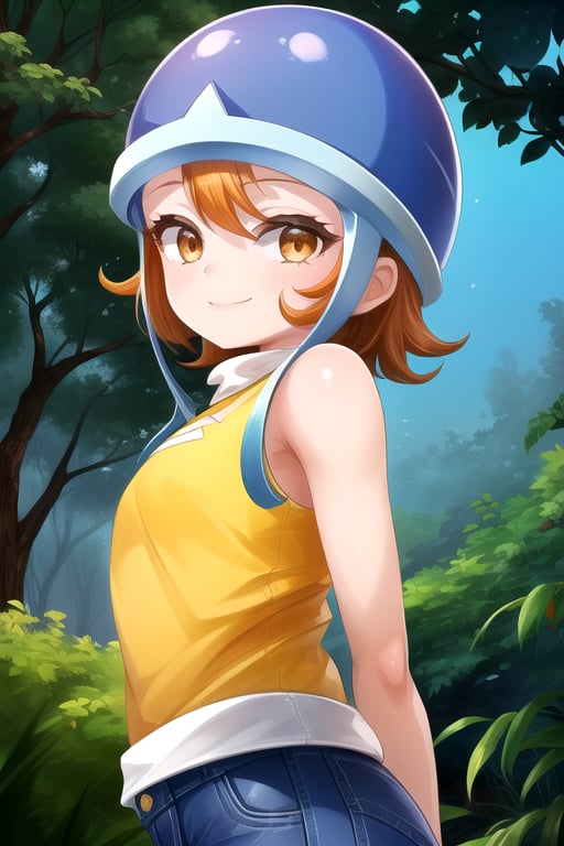 masterpiece, best quality, (solo:1.3), 1girl , arms behind back,looking_at_viewer, orange_hair, smile,SoraDef, orange eyes, sleeveless, shirt, jeans, helmet, short hair,yellow shirt,loli,blue forest background,