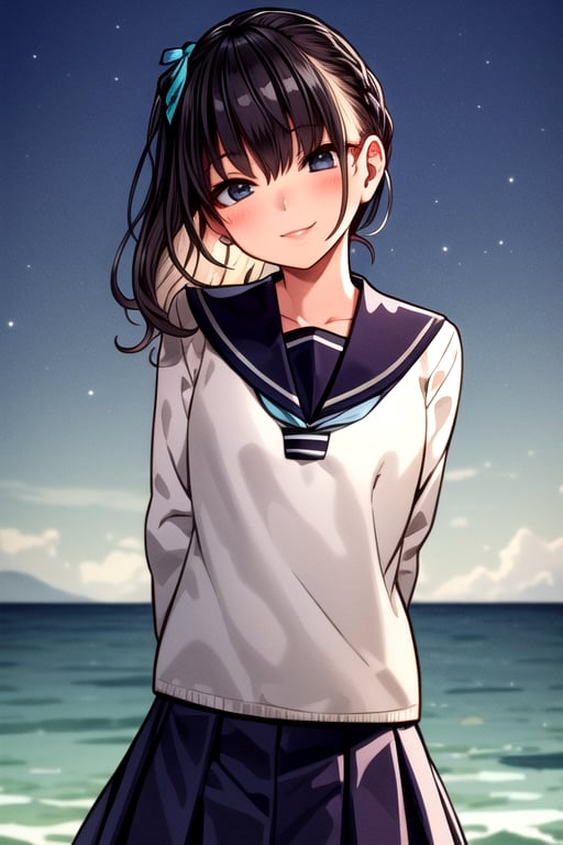 masterpiece, best quality, (solo:1.3),1girl sailor suite,skirt, beautiful detailed water, arms_behind_back,,black_hair,looking_at_viewer,seductive smile,(hair over eyes:1.3), 