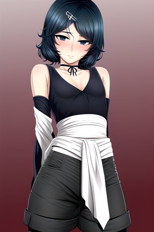 masterpiece, best quality, cosplay, little boy, yaoi, medium hair, black  hair, asymmetrical hair,  hair clip, beautiful detailed eyes, looking at viewer, black eyes, high - waist shorts, detached_sleeves, arms behind back ,ruka urushibara,choker