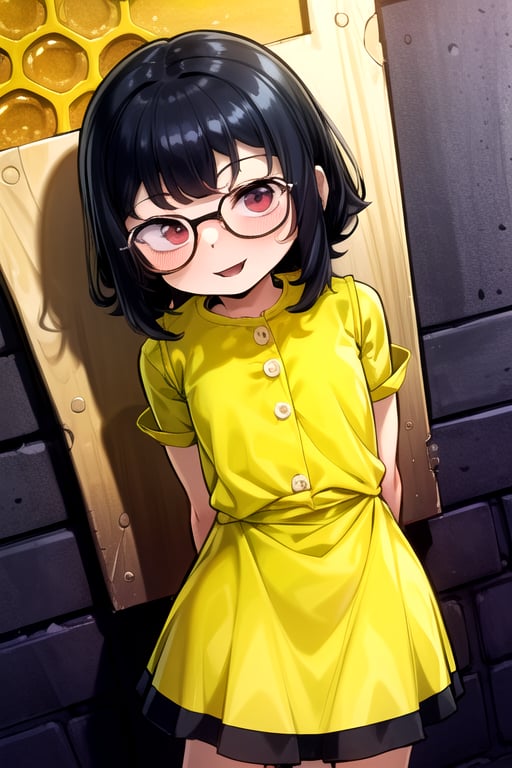 masterpiece, best quality, (solo:1.1), 1girl ,in yellow and black style,( arms behind back :1.3),(loli:1.3),black hair, factory background,fusion of honeycomb and dress,smile,glasses,loli,from above, 