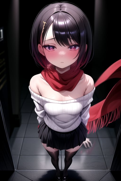 masterpiece, best quality, (solo:1.1), 1girl , arms behind back,looking_at_viewer,horror theme,sweater,(mini_girl:1.3), off_shoulder,loli,black stockings, reflection,broken glass,red scarf,short_hair,