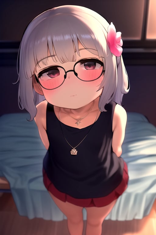 masterpiece, best quality, solo,looking at viewer, 1girl, arms behind back , looking at viewer, in bedroom,(loli:1.3), in black and red style, night, classroom, hair_flower, pendant, glasses, 