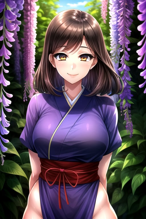 masterpiece, best quality, (solo:1.1), 1girl , arms behind back,looking_at_viewer,blue japan_dress,brown hair,white bows,wisteria forest background,symmetrical,in purple and black style,obi,smile,curvy