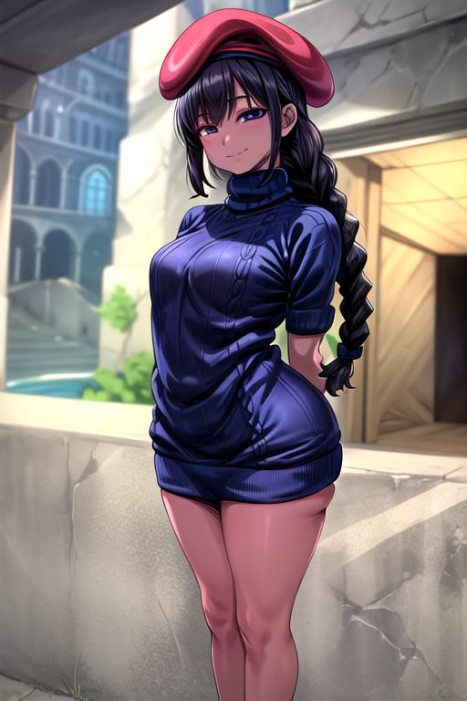 masterpiece, best quality, solo, 1girl, (arms behind back:1.1),loli,dark tunnel,looking at viewer,long_hair,  black_hair, (blue sweater:1.3),smile,  red beret,short sleeves,  turtleneck, closed_mouth, dark_skin,coverd_eyes,bare legs,long_braid,(single_braid:1.2),