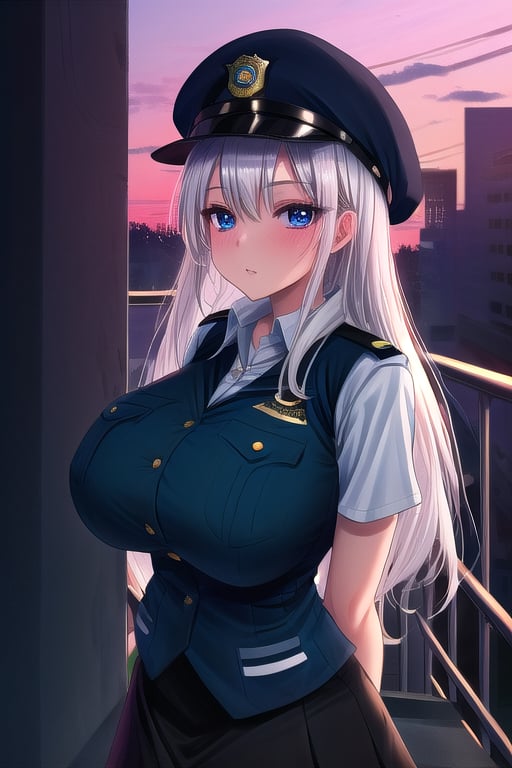 masterpiece, best quality,solo,1girl, looking at viewer, arms behind back,gigantic_breasts ,vest, long hair, blue eyes,white hair, messy hair, hat,  black skirt,police uniform,short sleeves,stairs ,dusk