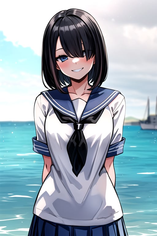 masterpiece, best quality, (solo:1.3),1girl sailor suite,skirt, beautiful detailed water, arms_behind_back,,black_hair,looking_at_viewer,seductive smile,(hair over eyes:1.3), 