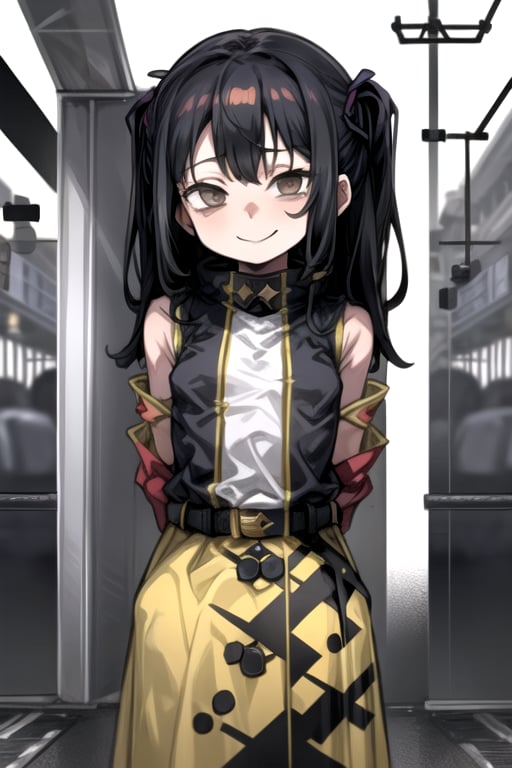 masterpiece, best quality, (solo:1.3), 1girl ,in yellow and black style,dusk,( arms behind back , :1.3),(loli:1.3),train station,black hair, long hair,(honeycomb pattern oversized coat:1.0),open coat ,belt,smile,factory background