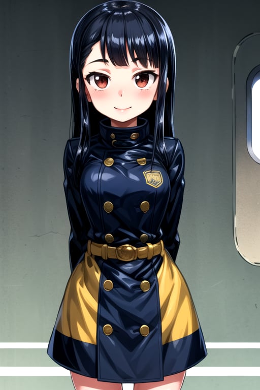 masterpiece, best quality, (solo:1.3), 1girl ,in yellow and black style,dusk,( arms behind back , :1.3),(loli:1.3),train station,black hair, long hair,bee pattern oversized coat,open coat ,belt,smile,lab background