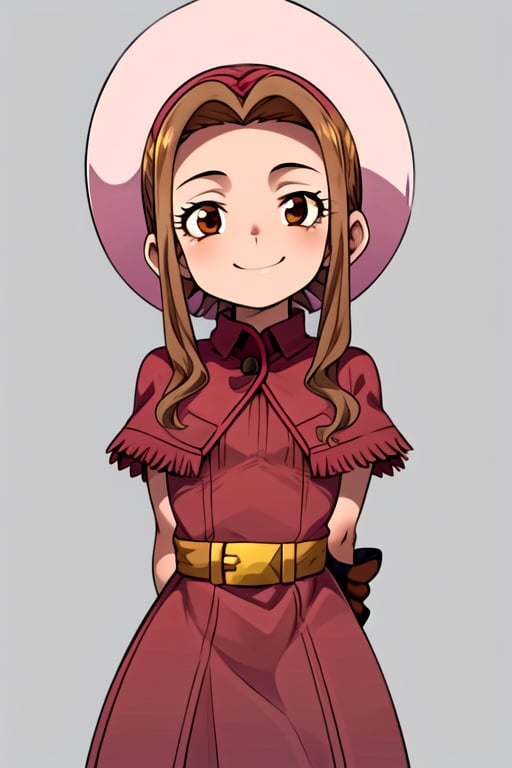 masterpiece, best quality, (solo:1.3), 1girl , arms behind back,looking_at_viewer,Tachikawa Mimi, long hair, brown hair, brown eyes, hat, dress, belt, red dress, gloves, sidelocks, capelet, pink hat, fringe trim, short sleeves,smile 