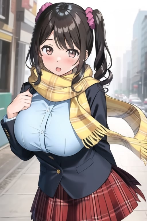 masterpiece, best quality,1girl,gigantic_breasts, scrunchie, black_hair, pantyhose, plaid_scarf, long_sleeves, hair_scrunchie, scarf, plaid, bow, looking_at_viewer