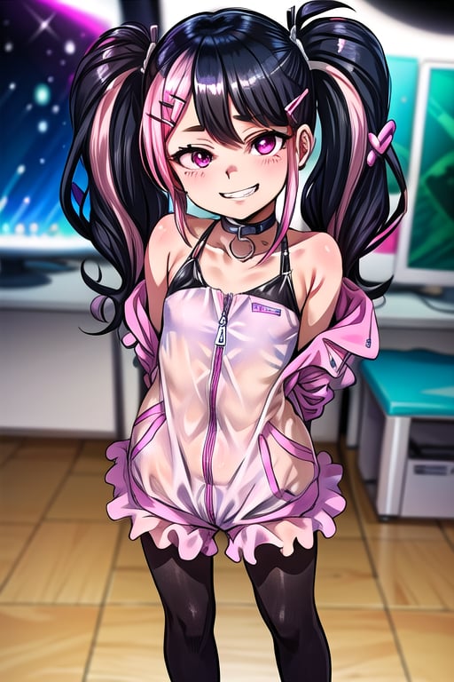 masterpiece, best quality,solo, cosplay, 1girl, black  hair,hair clip, little girl,loli,mesugaki,looking at viewer,grin,in dark hole, arms behind back ,choker,off_shoulders,pink  streaked hair, twin_tails,collared_suit,blue open_track_jacket