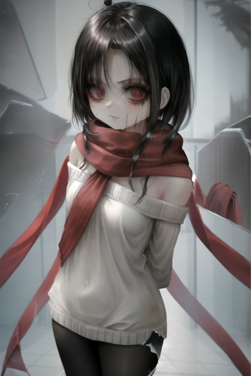 masterpiece, best quality, (solo:1.1), 1girl , arms behind back,looking_at_viewer,horror theme,sweater,(mini_girl:1.3), off_shoulder,loli,black stockings, reflection,broken glass,red scarf,short_hair