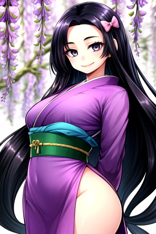 masterpiece, best quality, (solo:1.1), 1girl , arms behind back,looking_at_viewer,japan_dress,black hair,white bows,wisteria forest background,symmetrical,in purple and black style,obi,smile,curvy,long_sleeves,long hair