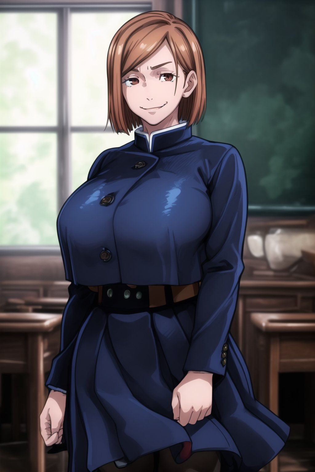 masterpiece, best quality,1girl,{{gigantic_breasts:1.33}},detailed face, beautiful face, (detailed eyes, deep eyes), (cowboy shot), nobara kugisaki, brown eyes, jujutsu kaisen, school uniform, blue jacket, blue skirt, brown belt, pantyhose, evil smile, scenery, indoors, window, intricately detailed, hyperdetailed, blurry background, depth of field, best quality, masterpiece, intricate details, tonemapping, sharp focus, hyper detailed, trending on Artstation, 1 girl, high res, official art,