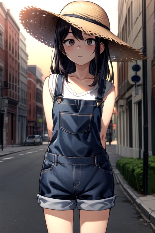 masterpiece, best quality, (solo:1.3),loli,golden hour lighting,street corner,big straw hat,arms_behind_back,dungarees only,,black_hair,looking_at_viewer,