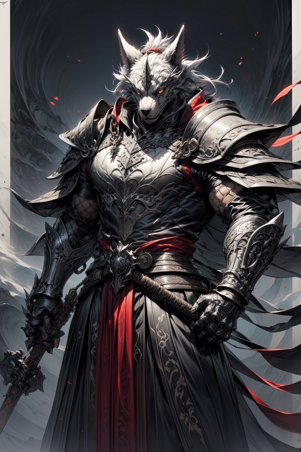 A character design concept for a medieval-themed fantasy world featuring magic. The protagonist is a 28-year-old werewolf with grey-white fur and sharp, golden eyes. Adorned in leather armor with intricate designs and emblems, they possess a muscular and imposing physique. Positioned centrally, surrounded by depictions of weaponry, attributes, skills, magic, and related items in a fictional language. The artwork is presented in ultra-high definition, depicting a fantastical w