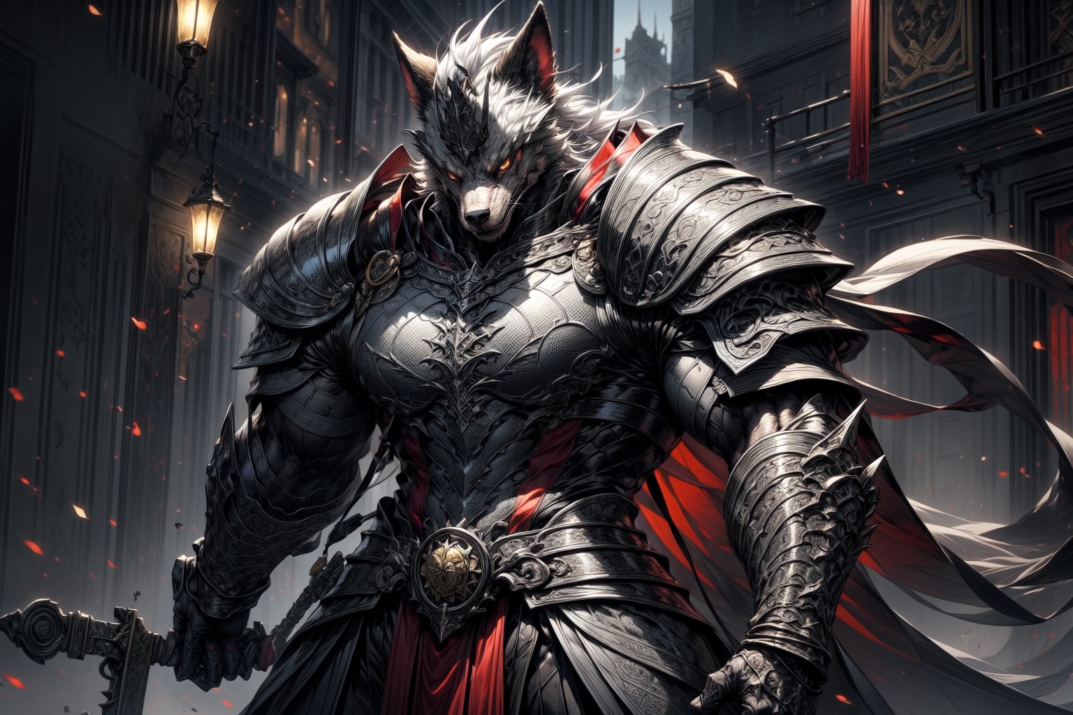 A character design concept for a medieval-themed fantasy world featuring magic. The protagonist is a 28-year-old werewolf with grey-white fur and sharp, golden eyes. Adorned in leather armor with intricate designs and emblems, they possess a muscular and imposing physique. Positioned centrally, surrounded by depictions of weaponry, attributes, skills, magic, and related items in a fictional language. The artwork is presented in ultra-high definition, depicting a fantastical w