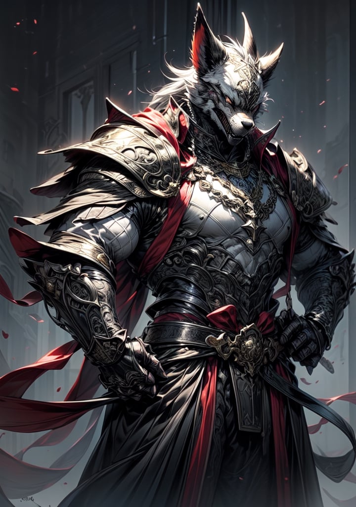 A character design concept for a medieval-themed fantasy world featuring magic. The protagonist is a 28-year-old werewolf with grey-white fur and sharp, golden eyes. Adorned in leather armor with intricate designs and emblems, they possess a muscular and imposing physique. Positioned centrally, surrounded by depictions of weaponry, attributes, skills, magic, and related items in a fictional language. The artwork is presented in ultra-high definition, depicting a fantastical w