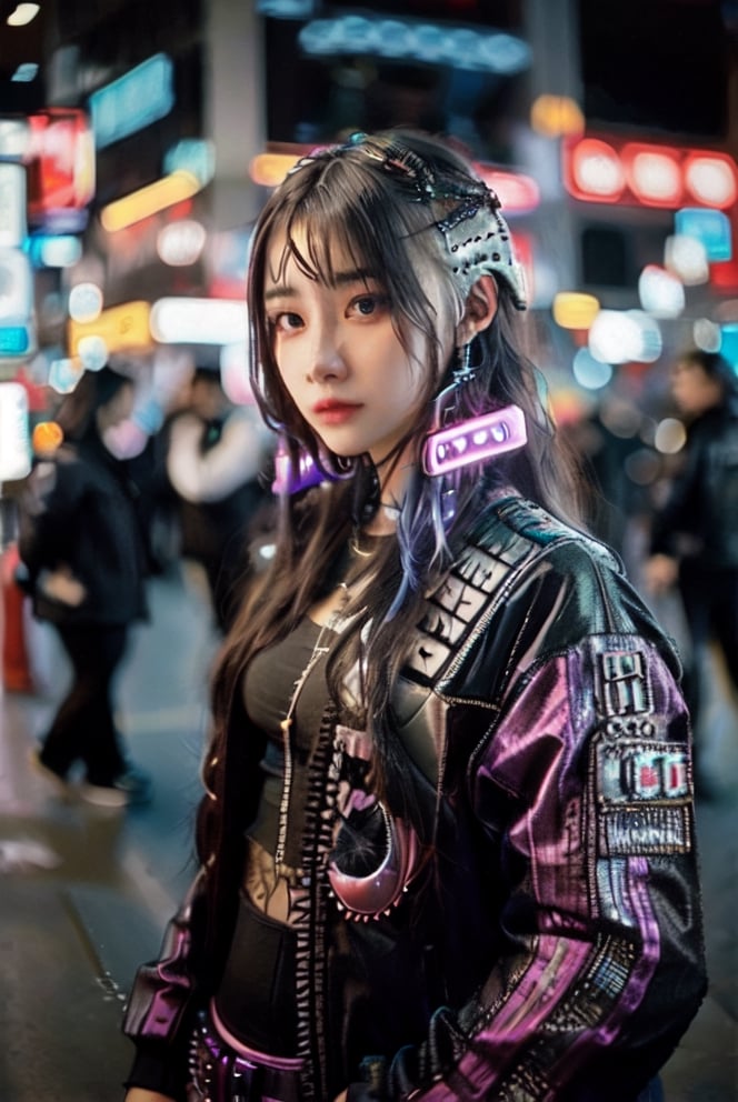 long hair,  jewelry,  1girl,  looking at viewer,  ((blurry background)), 26 year-old girl,cyberpunk style,cyberpunk suit