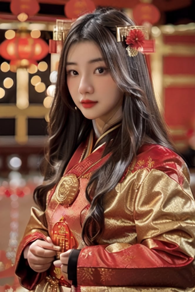 long hair,  jewelry,  1girl,  looking at viewer,  ((blurry background)), 26 year-old girl,red envelope, new year set,firecracker,red lantern,festival