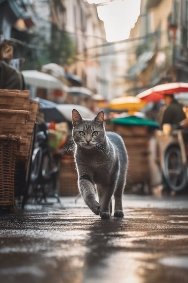  realistic photo of a scared  gray  cat  with a sardine in  mouth running being chased by several people in a street of a market during a rainy day