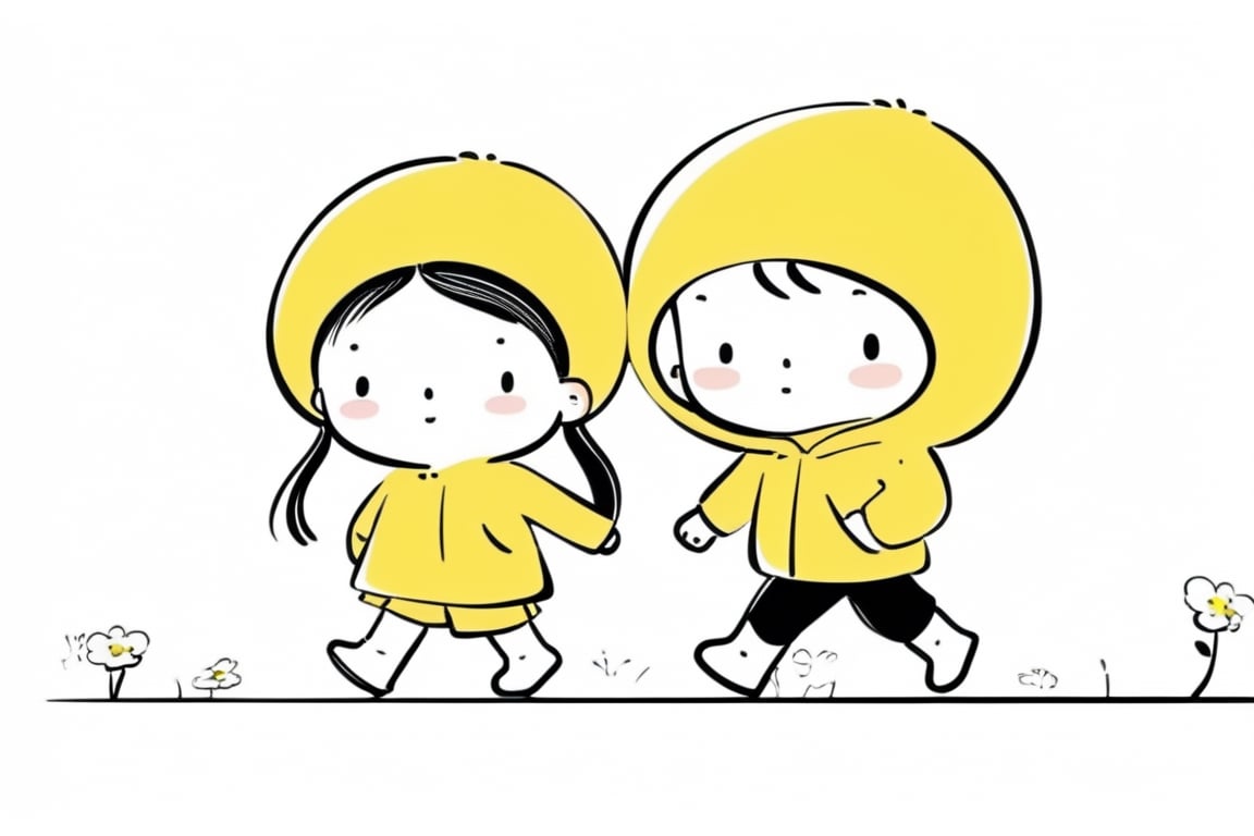 a boy and a girl walking on street, Line Chibi yellow, sping, white background, 