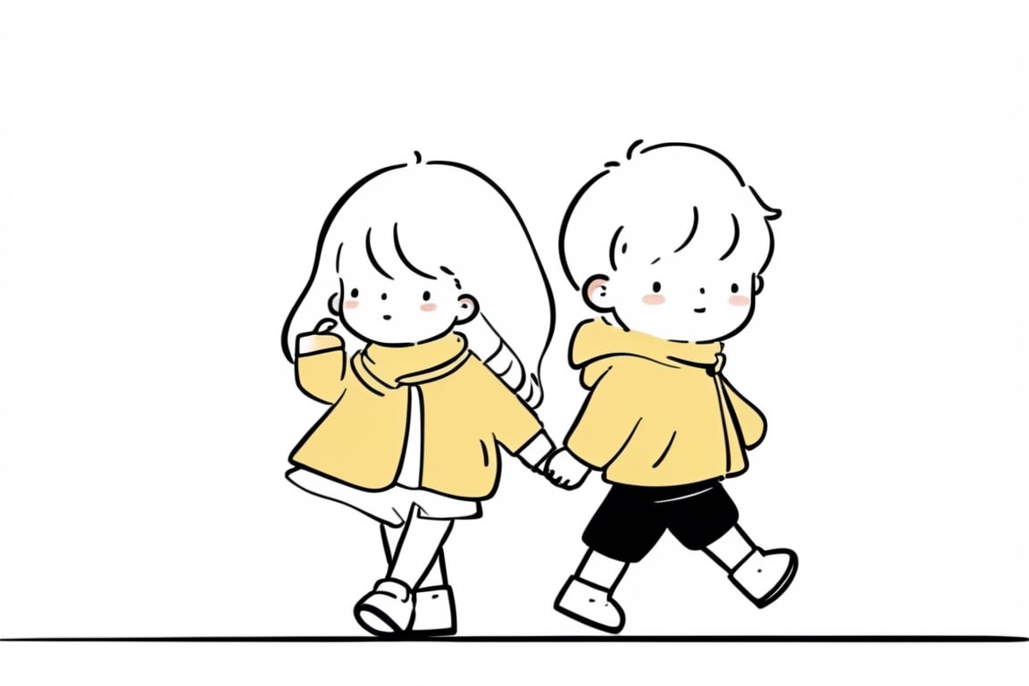 a boy and a girl walking on street, Line Chibi yellow, sping, white background, 