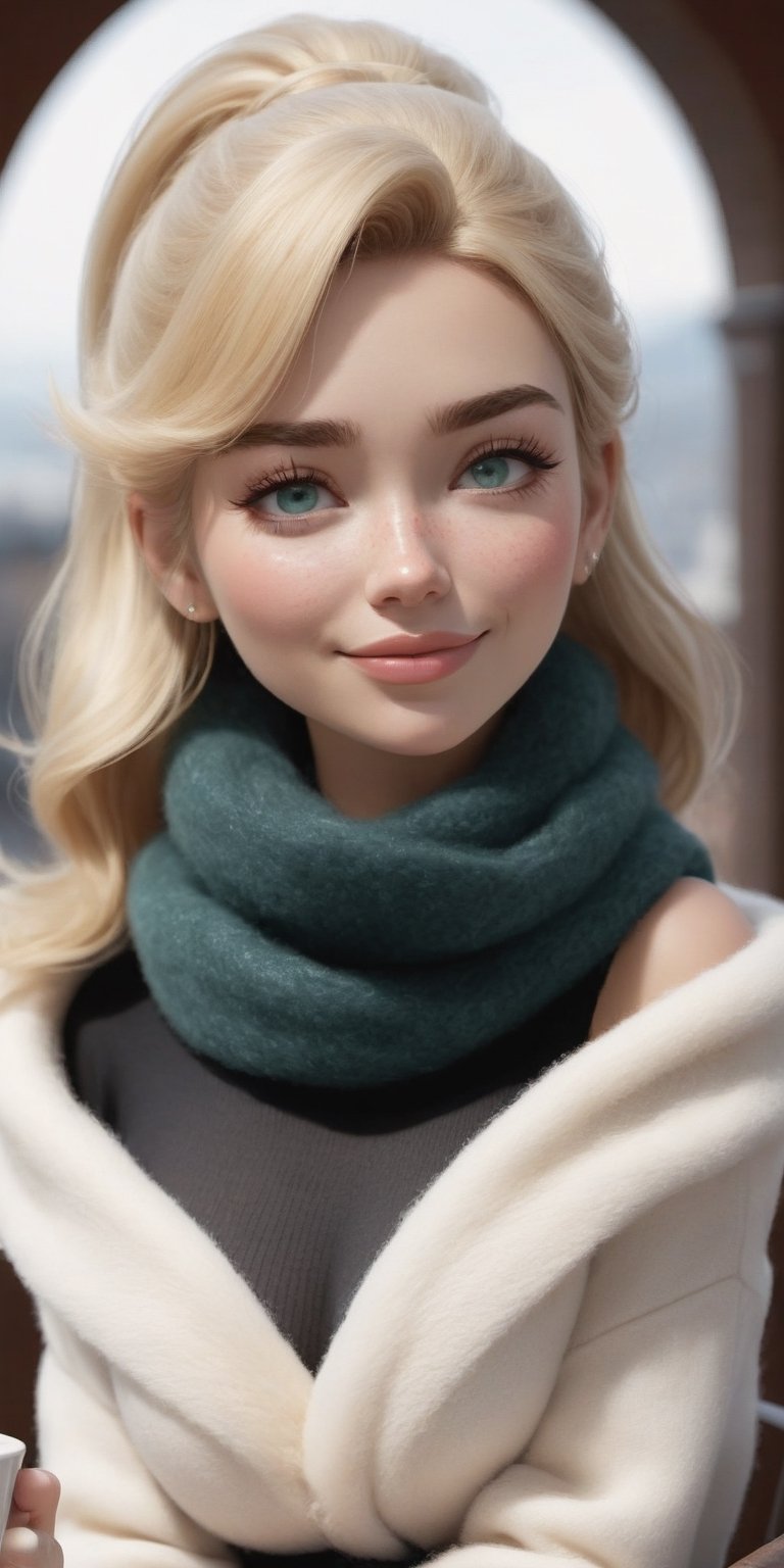 {A highly detailed 3D model in Pixar style}  full-body shot, wide angle, taken from afar, beautiful thin 1m70 tall European 30 years old woman sitting at a terrace drinking a hot chocolate. She has oval face with pointy chin and slighlty squared jaw, voluminous messy platinum blonde hair in ponytail hairstyle, side-swept bangs, large shining bright seafoam green emerald eyes, thick eyelashes, light blonde arched eyebrows, round reddish blushed cheeks, small upturned red cute nose with a rosy tint, reddish-pink lips, lot of freckles, pointed chin. Her skin is smooth and slightly tanned with matte finish, and her cheeks are subtly blushed.  She is busty but has thin waist, She should be normally proportionate, with a head that is 1/8th her height. She has a balanced hourglass figure with really big beautiful generous round breast with pointing pink nipple, firm beautiful butt, slender legs, athletic build. She's wearing a classy and comfy wool sweater, a dress and black tights, big wool scarf and long fur coat and beautiful high heel boots. She has charming air, and confident allure,3d toon full body visible pose,gougou,aw0k euphoric style